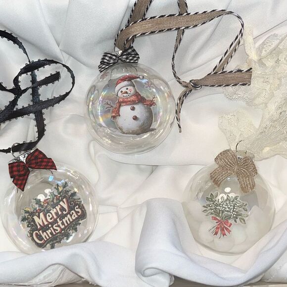 Upcycled Clear Glass Ornaments 3 Different Christmas Balls Sign Frosty Floral - Picture 1 of 15